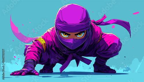 Purple Ninja Ready for Action with Intense Gaze.