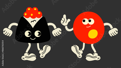 90s Asian food cartoon poster with onigiri and caviar characters. Retro hippie doodles, colorful groovy vector illustration inspired by sushi culture.