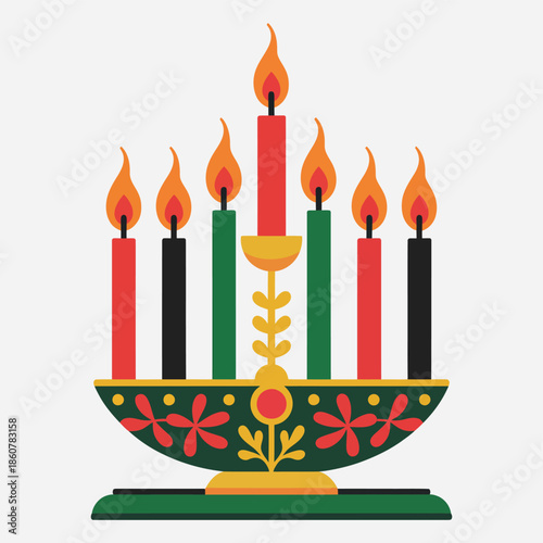 Kwanzaa Candles Set Arranged on Kinara with Glowing Flames, Modern Flat Vector Design Featuring Holiday Celebration, Cultural Symbols, Sleek Illustration