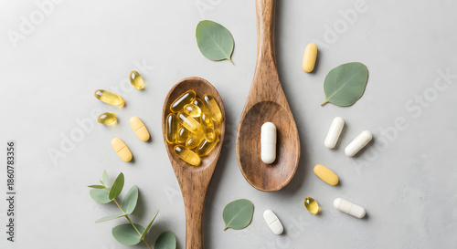 Various nutritional supplements and vitamins in capsules on wooden spoons with green leaves on a light background.