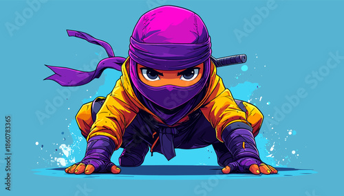 Cartoon Ninja Character Ready for Action, Crouching Low with Intense Focus.