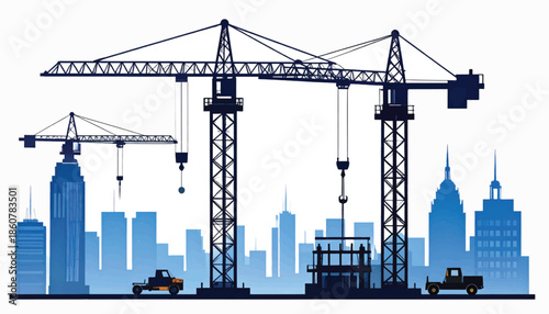 Construction Cranes Silhouetted Against City Skyline.