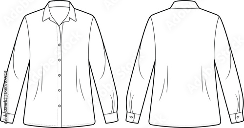 Long sleeve shirt technical fashion sketch, front and back view, vector template, garment design, sewing pattern, flat CAD drawing illustration