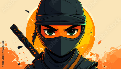 Cartoon Ninja Character with Intense Gaze and Hidden Sword.