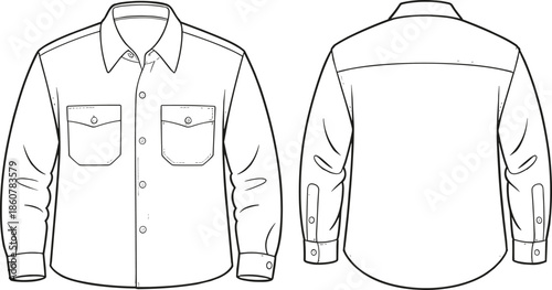 Long sleeve shirt technical sketch, front and back view, fashion flat, vector illustration, garment design, clothing template, cad drawing