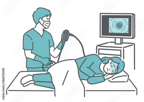 痛みや不快感を感じている大腸カメラ検査のイラスト（女性・鎮静剤なし）