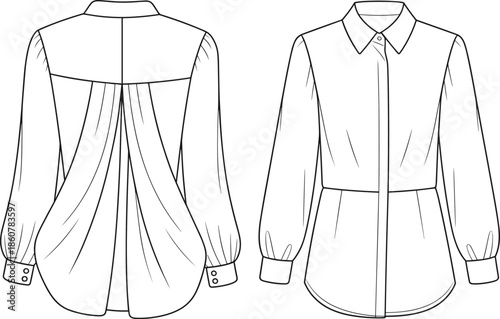 Long sleeve women's blouse technical flat sketch, back pleated design, shirt collar, fashion garment CAD drawing vector illustration template