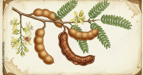 Vintage Botanical Illustration of Tamarind Plant, Generative AI