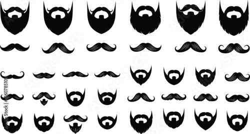 Large set of black silhouette icons of men's facial hair styles, featuring various beards and mustaches, ideal for barbershop logos and male style designs, vector