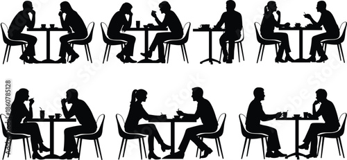 Large set of black vector silhouettes illustrating diverse couples and pairs of men and women sitting at small round cafe tables, talking, eating, and 