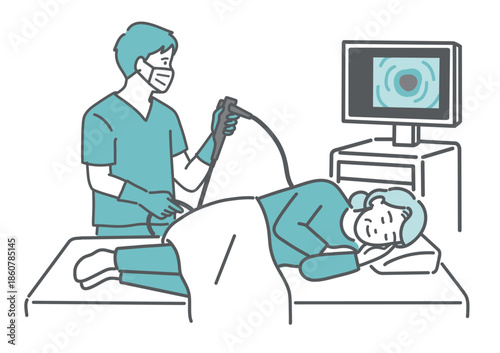 鎮静剤で眠りながら大腸カメラ検査を受ける高齢女性のイラスト