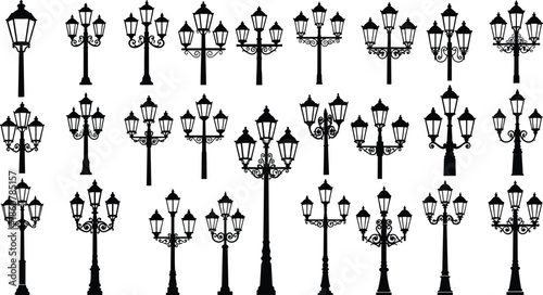 Large set of vintage street lamp silhouettes, antique lantern vector collection, decorative urban park lighting, black garden lamppost icons, retro outdoor light design
