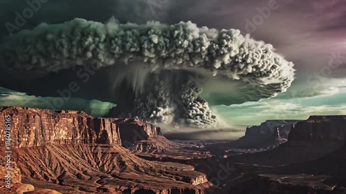 Epic Mushroom Cloud Formation Rises Dramatically Above a Sweeping Desert Canyon Landscape Under an Apocalyptic Sky