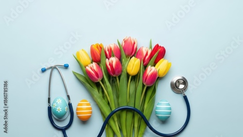 Colorful tulips, Easter eggs, and a stethoscope on a light blue backdrop, evoking health
