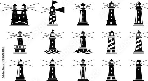Lighthouse icon set, vector illustrations of maritime beacons, sea navigation towers with light beams, black and white silhouettes, nautical design elements, isolated symbols