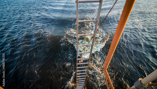 Ladder ascending through water creating waves and turbulence