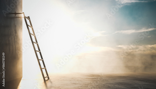 Ladder reaching towards the bright sky and representing growth