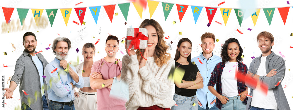 Obraz premium Birthday girl holding gift box among her family and friends on white background. Surprise party