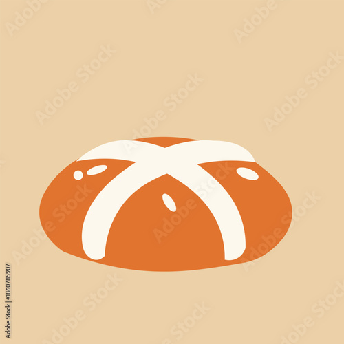 A simple, flat illustration of a single hot cross bun with a white cross on an orange-brown bun, set against a plain light beige background.
