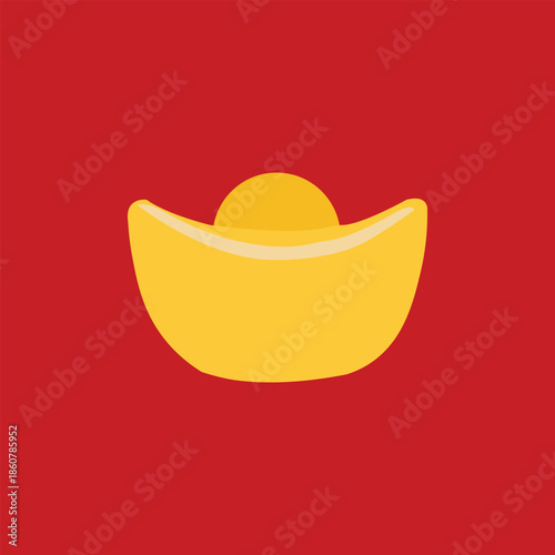 A simple flat design illustration of a golden Chinese sycee ingot on a vibrant red background, symbolizing wealth and prosperity.