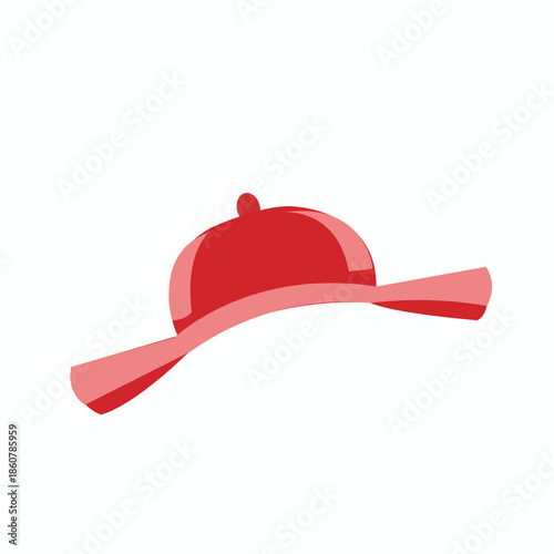 A stylized red hat with a wide brim and a small knob on top, depicted against a white background.