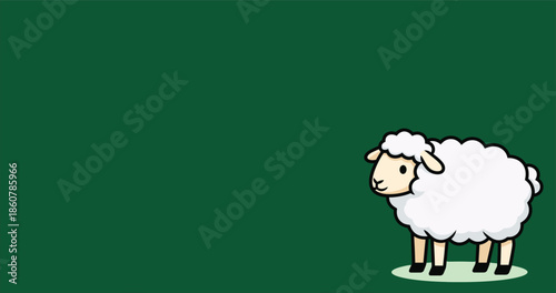A cute cartoon sheep with white wool and black legs stands on a small brown patch against a dark green background.