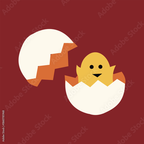 A cute yellow baby chick with a happy face hatching from a cracked white and orange eggshell against a dark red background.