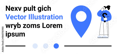 Woman holding phone near magnified map pin and text elements in minimalist blue tones. Ideal for navigation, travel, mobile apps, technology, marketing, location tracking, simple landing page