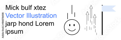 Positive emotion, goal achievement, progress tracking, infographic design, minimalistic art, motivation. happy face, flag and upward arrows on a white background. Positive emotion and goal