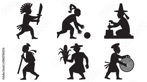 Ancient Mesoamerican people silhouettes, historical cultural style, black graphic on white, vector illustration set for educational design.