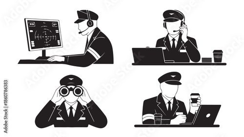 Airport Staff Illustrations with Professional Operational Mood in Monochrome Vector Graphic for Aviation Industry.