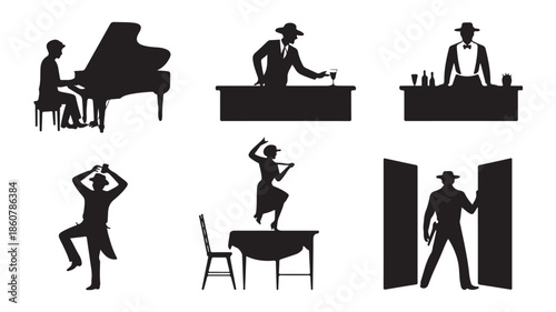 Retro Entertainment Silhouettes with Classic Lively Mood in Black and White Graphic Vector Illustration Set for Vintage Event Design.