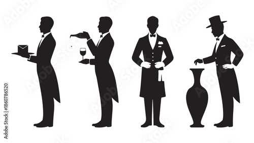 Elegant Professional Butler Silhouettes in Classic Black and White Vector Illustration for Luxury Hospitality Service.
