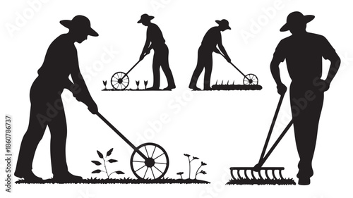 Agricultural workers planting and raking in graphic silhouette style with high contrast for farming and labor themes.