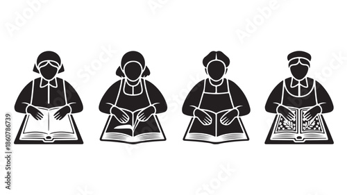Four people reading books in simple iconic black and white vector graphic for education and literacy.