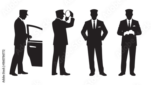 Chauffeur Service Staff in Professional Elegant Style with Black and White Vector Silhouettes for Luxury Transport and Hospitality Icons.