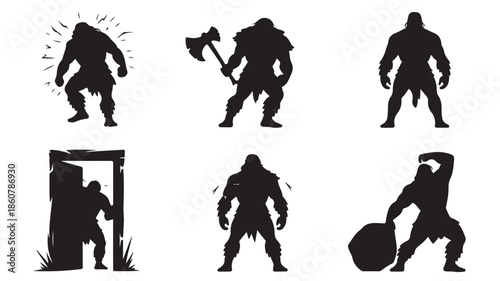 Aggressive fantasy warrior character silhouettes in high contrast black and white vector set for gaming and strength themes.