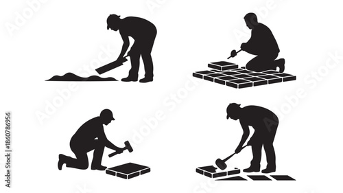 Construction worker installing floor tiles in a clear instructional silhouette style with black and white graphic format for home improvement guides.