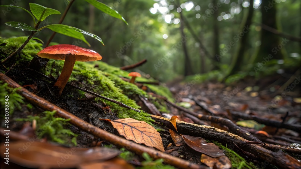 Fototapeta premium Tropical Forest Floor After Heavy Rain: Extreme close-up of tropical forest floor after heavy rain, glossy wet soil, decomposing leaves, intense moisture, bold colors, dense natural composition.