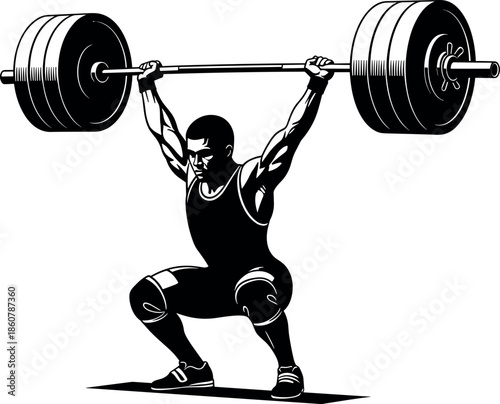 Male athlete weightlifter lifting heavy barbell overhead silhouette vector illustration isolated on white background athletic character for sports branding