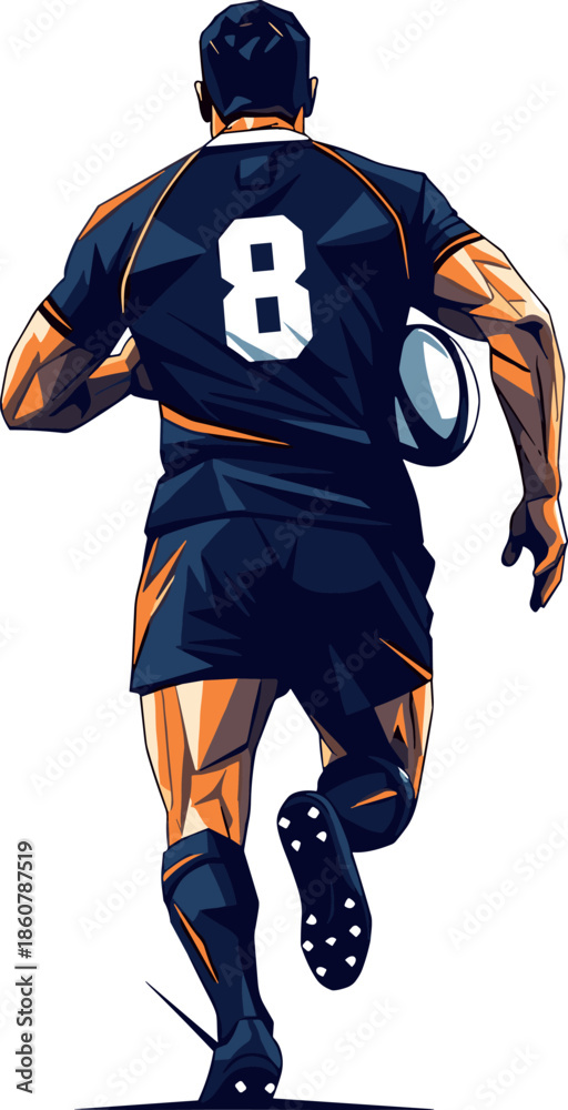 Fototapeta premium Rear view of rugby player running with ball number eight jersey dark blue uniform isolated on white background,