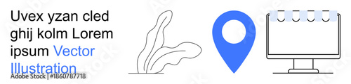 Navigation, location services, productivity tools, online planning, digital mapping, conceptual UI design. Blue map pin, plant graphic calendar on monitor. Navigation and location services concept