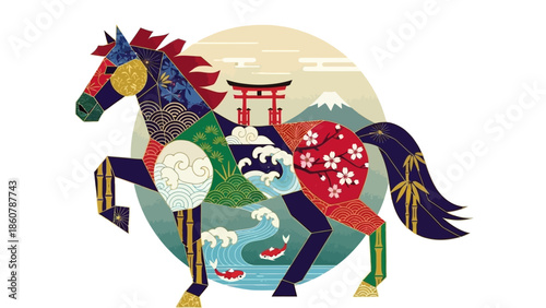 Stylized Japanese Horse with Traditional Motifs and Landscape Elements.