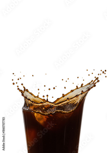Fresh, dark coffee splash frozen mid-air with intricate upward curves and tiny droplets, isolated on a transparent background with copy space above. Concept for beverage advertising