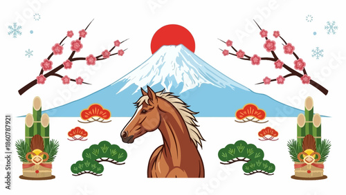 Majestic brown horse portrait with flowing mane in traditional Japanese New Year setting.