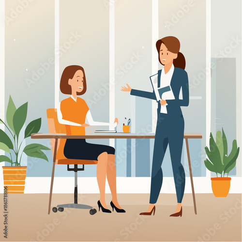 Mentor guiding young professional in modern office setting with coaching and advice