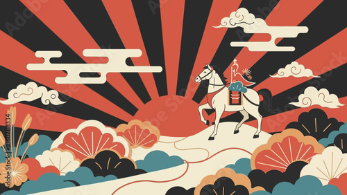Warrior on horseback in traditional Japanese art style.