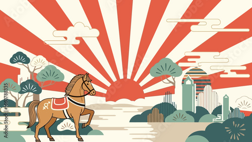 Wooden Toy Horse with Traditional Japanese Saddle and Bridle.