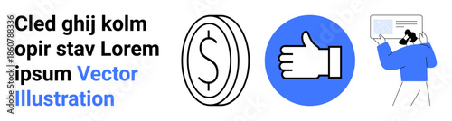Finance, education, personal growth, social media, approval, decision-making. A dollar symbol, thumbs-up icon and a person studying. Finance and education illustrated clearly