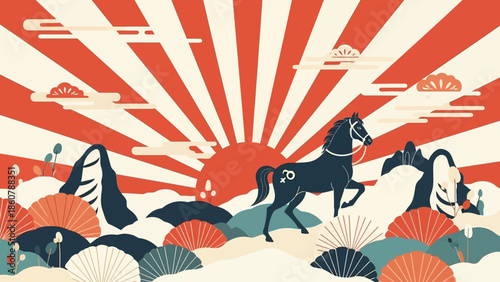 Majestic Dark Horse with Number 23 in a Stylized Landscape.